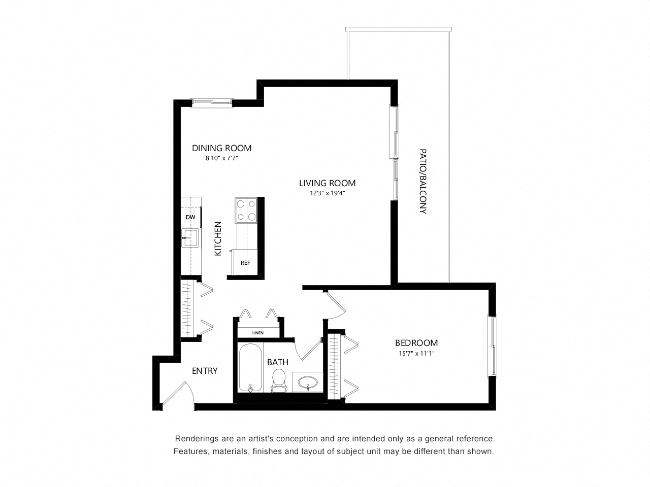 Floor plan for 1 bed, 1 bath, 791 sqft